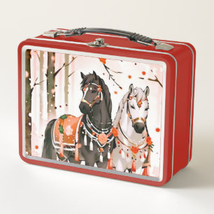 Horses in a Red Forest Metal Lunch Box