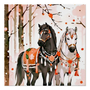 Horses in a Red Forest Poster