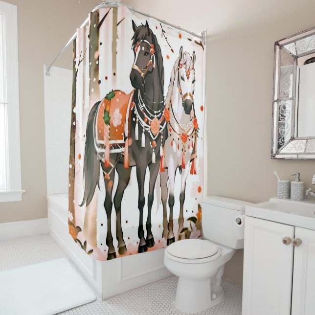 Horses in a Red Forest Shower Curtain (In Situ)