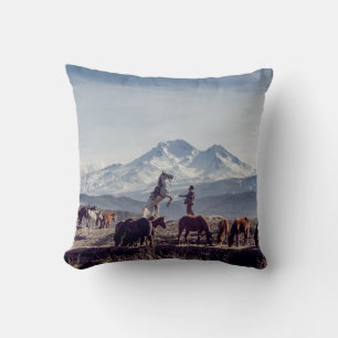 HORSES IN BROWN OPEN FIELD VIEWING MOUNTAIN AT DAY CUSHION