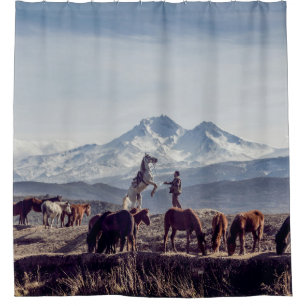 HORSES IN BROWN OPEN FIELD VIEWING MOUNTAIN AT DAY SHOWER CURTAIN