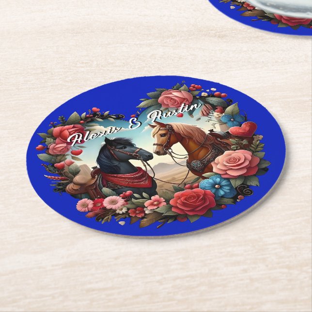 Horses in Heart Blue Round Paper Coaster (Angled)