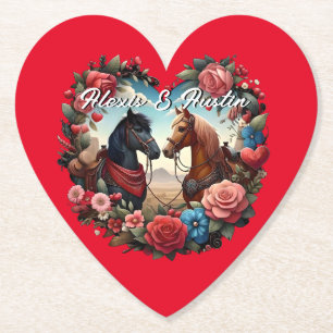 Horses in Heart Red Paper Coaster