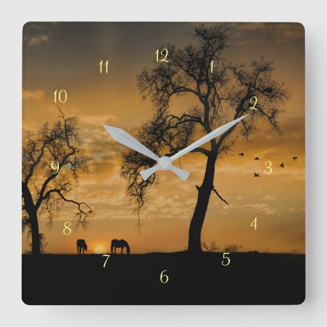 Horses in Nature and Sunset Beautfiul Square Wall Clock (Front)