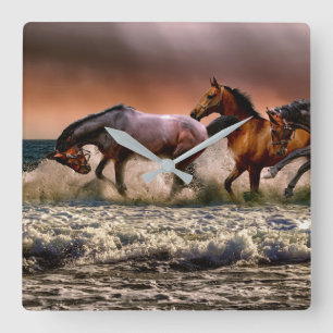 Horses in Ocean Photo at Sunset Wall Clock
