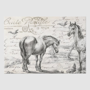 Horses in Pasture Fence French Script Decoupage Tissue Paper