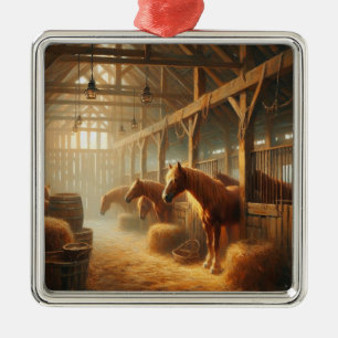 Horses in the barn metal ornament