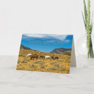 Horses in the hilly field with mountains beyond. card