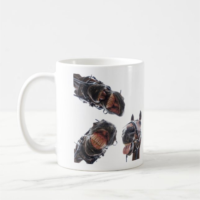 Horses looked in the mouth. 3 horses laughing, ski coffee mug (Left)
