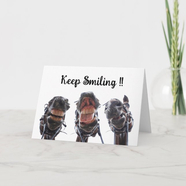 Horses looked in the mouth. 3 horses laughing. thank you card (Front)