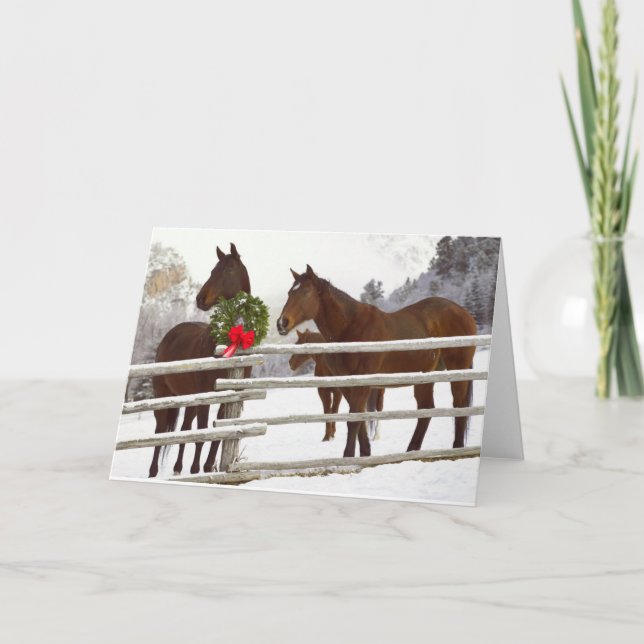 Horses looking over fence in snow holiday card (Front)