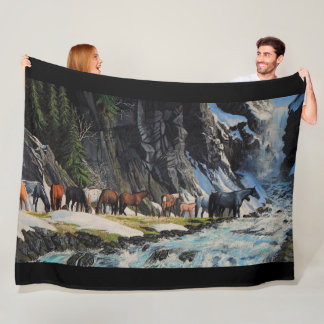 Horses, mountain river, spring foals, cartooned fleece blanket