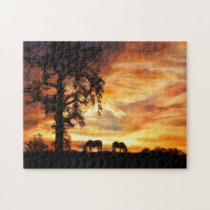 Horses Oak Tree and Fiery Sunset Jigsaw Puzzle