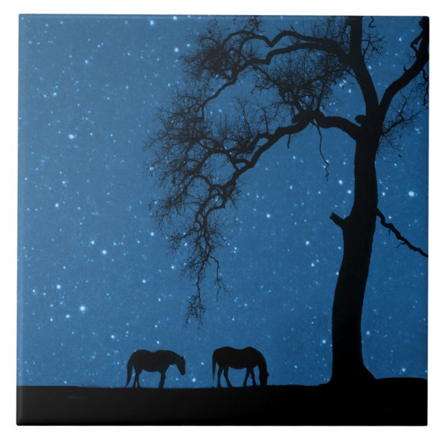 Horses Oak Tree and Night Sky Ceramic Tile (Front)