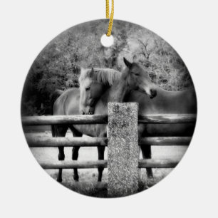 Horses on Farm Field Together Ceramic Ornament