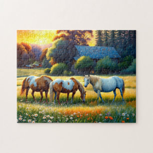 Horses on Farm Wildflower Meadow Jigsaw Puzzle