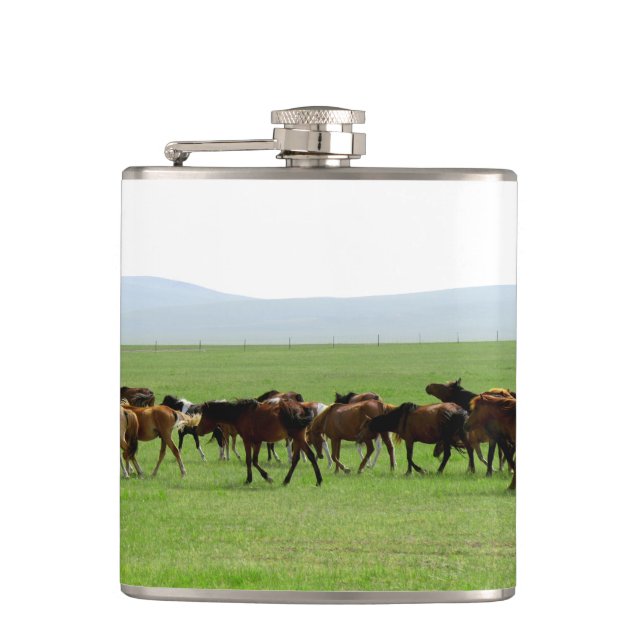 Horses on Pasture - Landscape Photograph Hip Flask (Front)