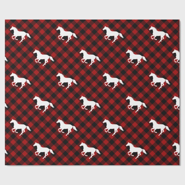 Horses on Red Buffalo Plaid Wrapping Paper (Flat)