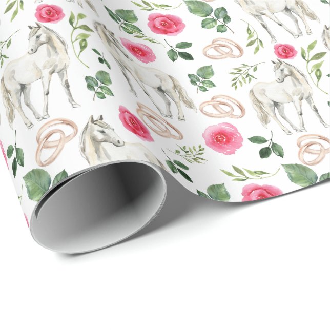 Horses & Pink Roses Wedding Gift Wrapping Paper (Roll Corner)