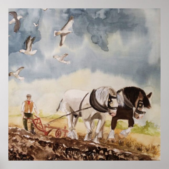 Horses Ploughing Watercolour Poster (Front)
