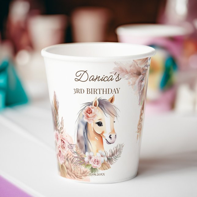 Horses pony themed birthday party tableware paper cups (Horses pony themed birthday party tableware  paper cups cute baby horse pampas grass boho flowers)