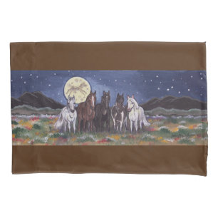 Horses Pony Watch Moon Night Sky Nature Meadow Pillowcase