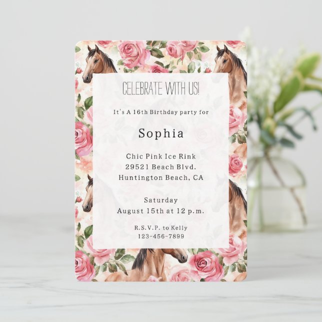Horses Pretty Pink Roses Floral Birthday Invitation (Standing Front)
