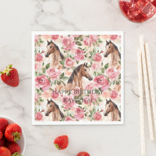 Horses Pretty Pink Roses Floral Birthday Napkin