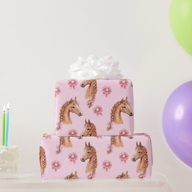 Horses Pretty Pink Roses Floral Ribbons Birthday Wrapping Paper (Party Gifts)