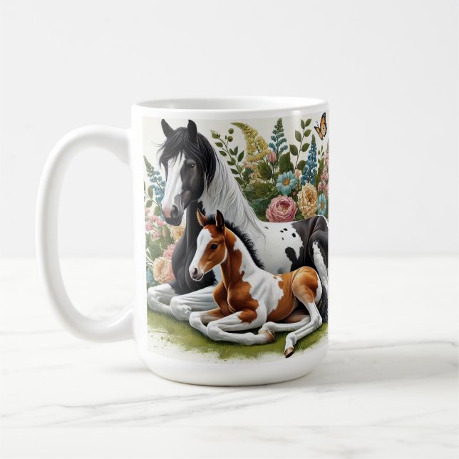 Horses Resting Among Vibrant Flowers and Greenery  Coffee Mug (Left)