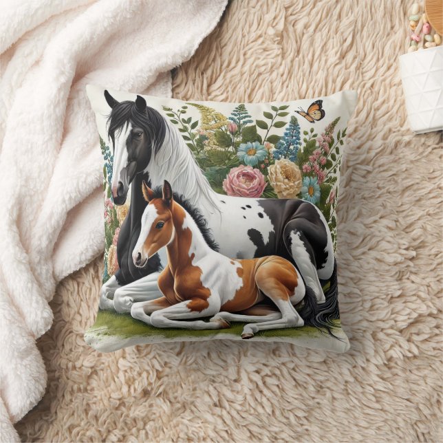 Horses Resting Among Vibrant Flowers and Greenery  Cushion (Blanket)