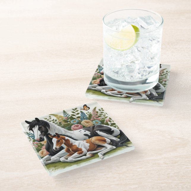Horses Resting Among Vibrant Flowers and Greenery  Glass Coaster (Angled)