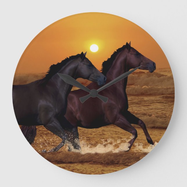 Horses running at ocean sunset large clock (Front)
