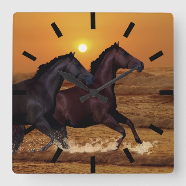 Horses running at ocean sunset square wall clock (Front)