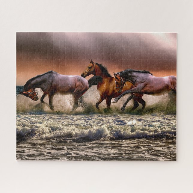 Horses Running in Ocean Surf at Sunset Jigsaw Puzzle (Horizontal)