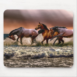 Horses Running in Ocean Surf at Sunset Mouse Pad