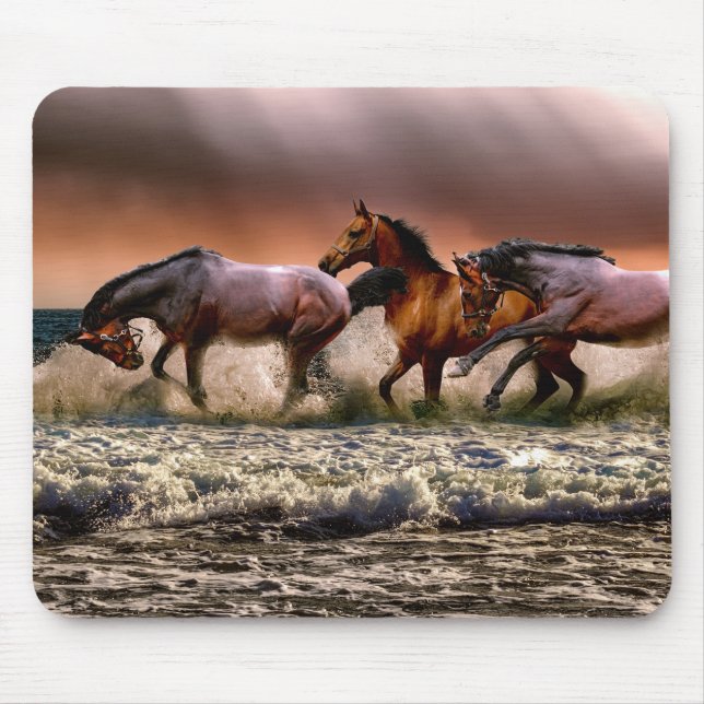 Horses Running in Ocean Surf at Sunset Mouse Pad (Front)