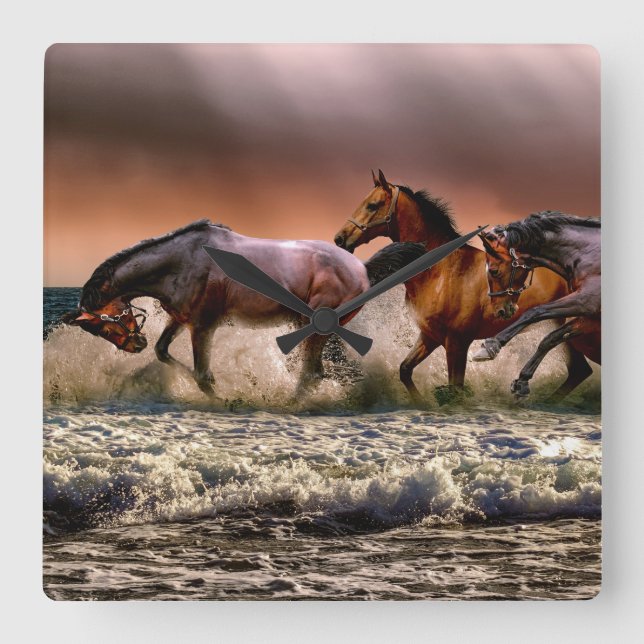 Horses Running in Ocean Surf at Sunset Square Wall Clock (Front)