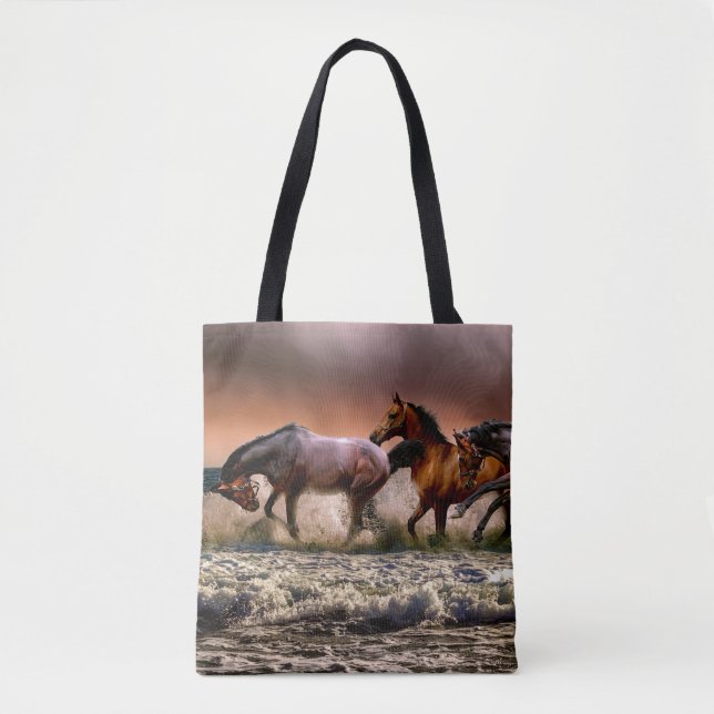 Horses Running in Ocean Surf at Sunset Tote Bag (Front)