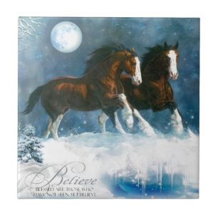 Horses Running In The Snow Ceramic Tile