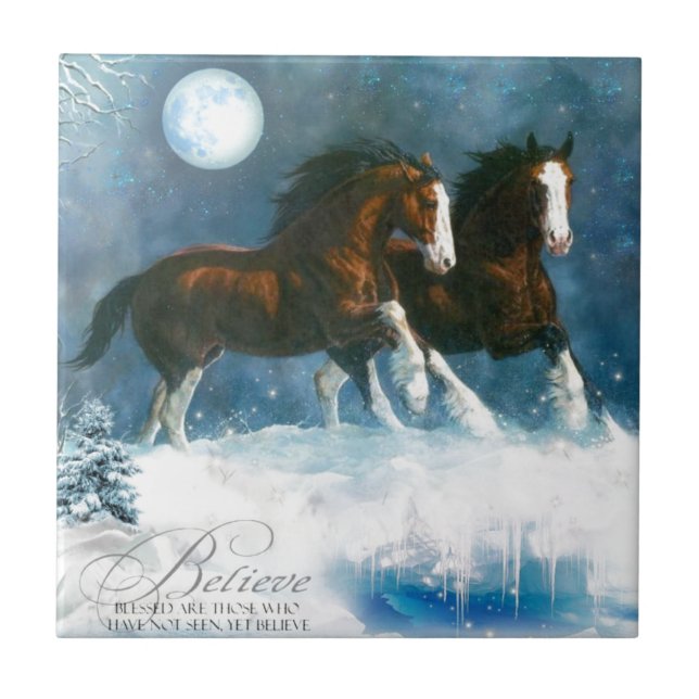 Horses Running In The Snow Ceramic Tile (Front)