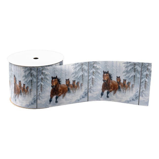Horses Running Through a Snowy Forest Grosgrain Ribbon (Spool)
