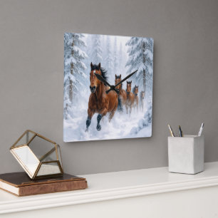 Horses Running Through a Snowy Forest Square Wall Clock
