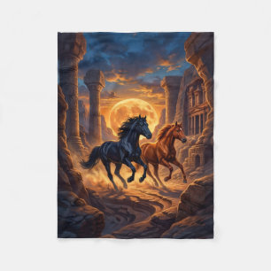 Horses Running Through Ancient Rocky Ruins Sunset Fleece Blanket