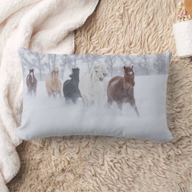 Horses Running Through the Snow Lumbar Cushion (Blanket)
