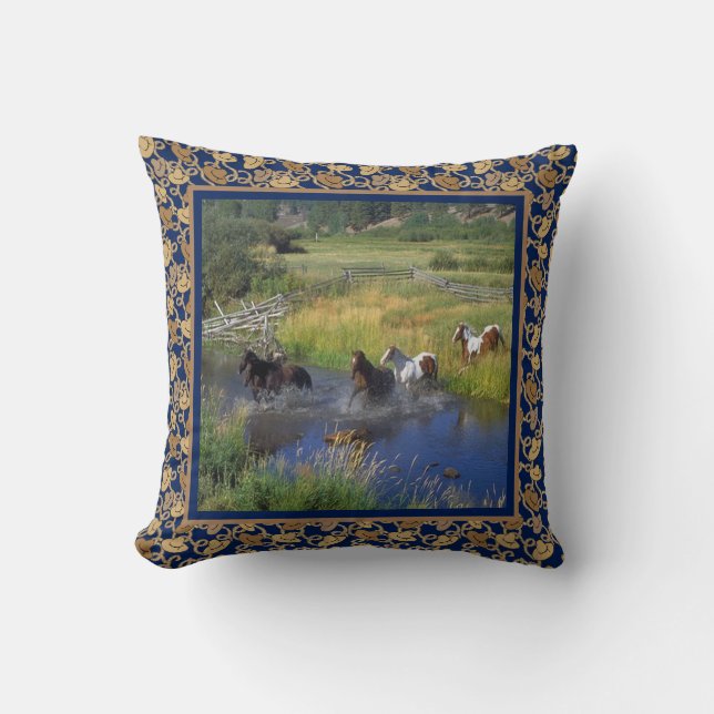 Horses Running Through Water And Western Trim Blue Cushion (Front)