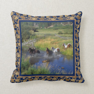 Horses Running Through Water And Western Trim Blue Cushion