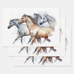 Horses Running Through Watercolor River Wrapping Paper Sheet
