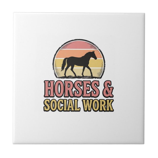 Horses & Social Work Retro Sunset Vector Design_1 Ceramic Tile (Front)