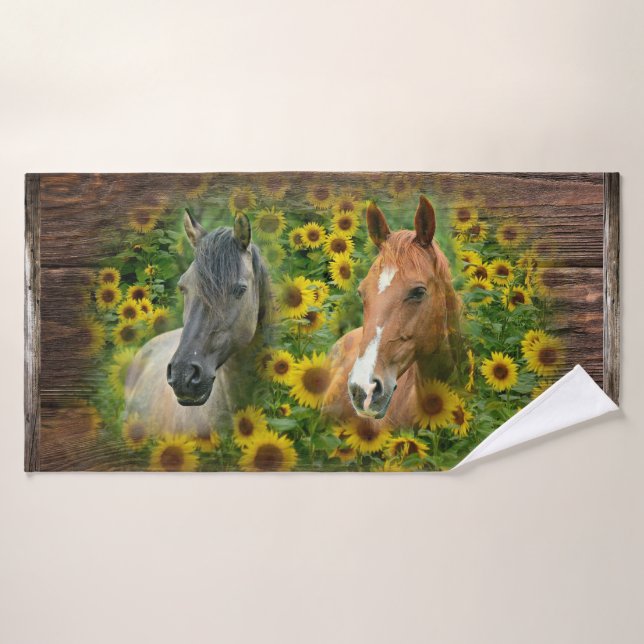 Horses Sunflowers Rustic Barn Board Bath Towel Set (Bath Towel)